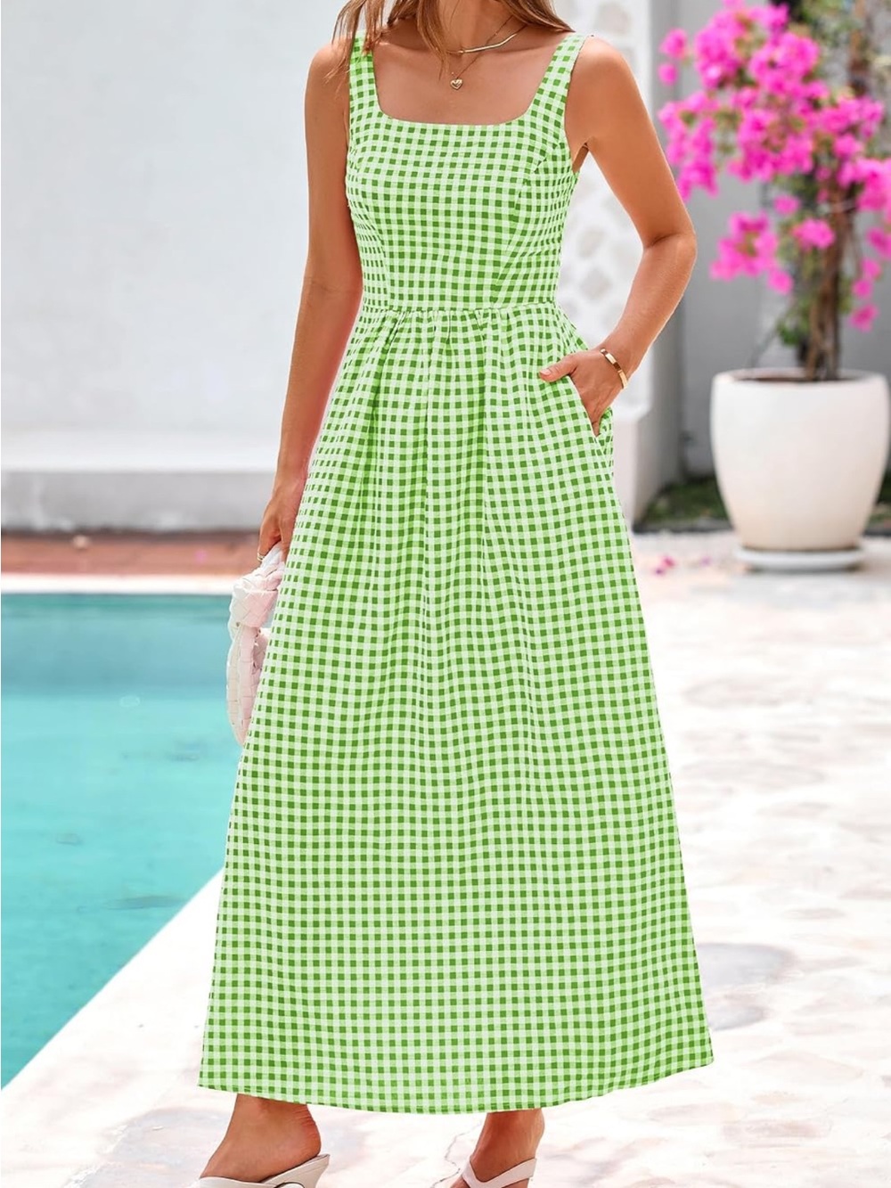 Sleeveless Gingham Maxi Dress in Light Green